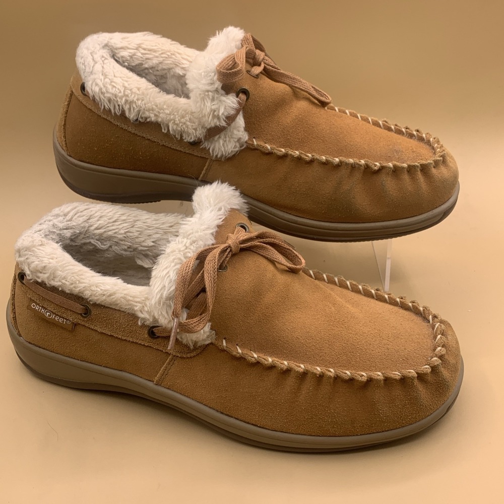 Orthofeet Capri Women's Moccasin Slippers Suede Faux Fur Lined Size 10.5W